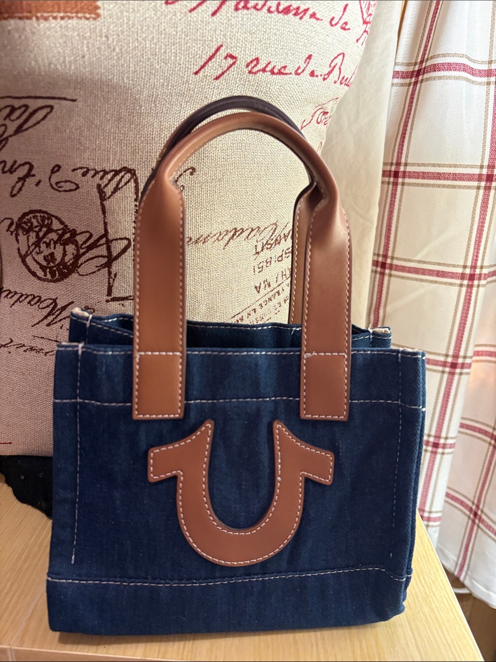 True Religion Navy Denim Tote with Brown Leather Trim